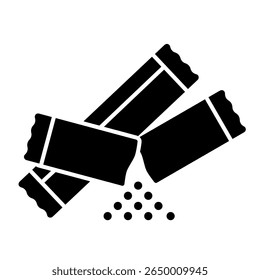 Pacote de açúcar, açúcar, adoçante, saqueta, condimento, café, uso único, agitar, bebida. Ilustração de ícone de vetor