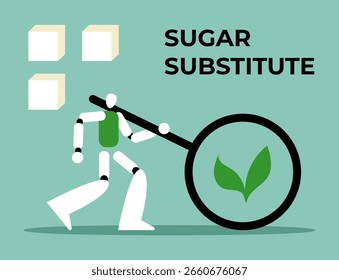 Sustituto de azúcar con Ai Robot. Edulcorante artificial bajo en calorías. Planta de Stevia. Ilustración vectorial plana.