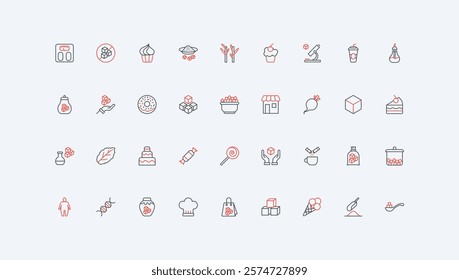 Sugar, sweet confectionery food and sweeteners line icon set. Sugar cubes, sand pile and powder, stevia plant and drugs, candy, bag and sachet thin black and red outline symbols vector illustration