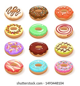 Sugar sweet donuts. Color donut cakes isolated on white background, doughnuts sweets design art, vector colourful doughnut or colorful donut set for bpx or bar