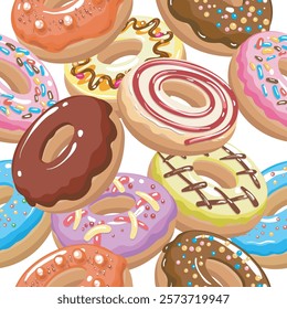 Sugar sweet donuts seamless pattern. Colorful donut cakes effortless background isolated vector illustration