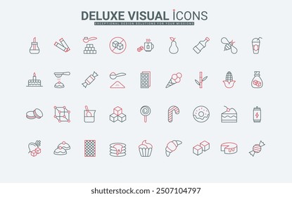 Sugar and sweetener, confectionery and bakery products line icon set. Sugar cubes and powder, bowl and stick, sweet food and drink, sugarless thin black and red outline symbols vector illustration