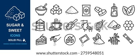 Sugar and Sweetener Icon Set (Solid Fill) - Vector  Icons of Sugar, Sweet, Sugar Cube and Honey. Sweet Food And Drinks Icons Set. 