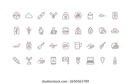 Sugar and sweetener product, maple syrup, fructose and erythritol line icon set. Sugar in spoon and sachet or package, powder and cubes, bottle and box thin black and red symbols vector illustration