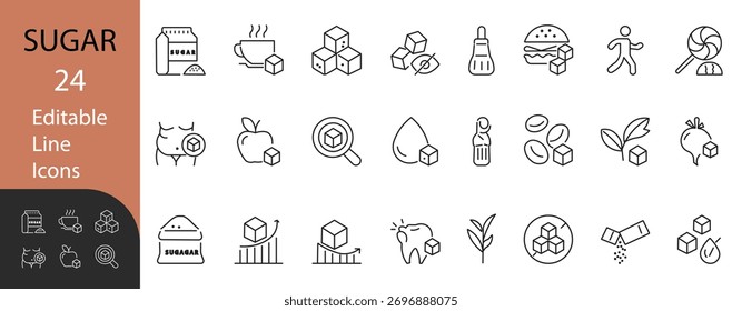 Sugar and Sweetener solid line icon set. Contains symbols for diabetes, diet control, cooking ingredients, and health nutrition. Line vector design for infographics, web, and mobile app.

