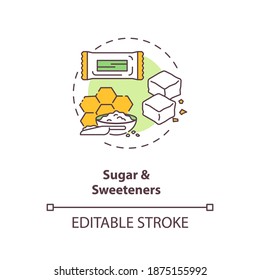 Icono de concepto de azúcar y edulcorantes. Ilustración de línea delgada de la idea de bebidas energéticas dietéticas. Cero calorías edulcorantes artificiales. Sin calorías. Dibujo de color RGB con contorno aislado del vector. Trazo editable