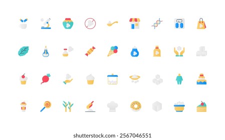 Sugar and sweeteners, sweet confectionery products for coffee, healthy stevia color icon set. Cane and beet plant for production of cubes and sugar powder, obesity, flat elements vector illustration