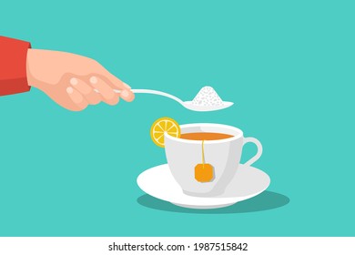 Sugar in tea. Spoon with sugar in man's hand. Sweet tea. Delicious hot drink. Vector illustration flat design. Isolated on white background.