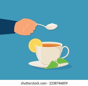 Azúcar en té. Cuchara con azúcar en la mano del hombre. Té dulce. Deliciosa bebida caliente. Diseño plano de ilustración vectorial. Aislado sobre fondo blanco. Eps10