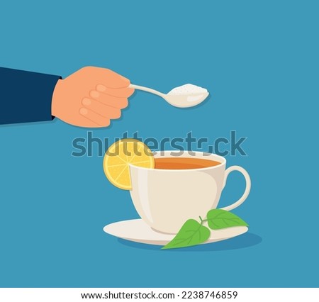 Sugar in tea. Spoon with sugar in man's hand. Sweet tea. Delicious hot drink. Vector illustration flat design. Isolated on white background. Eps10