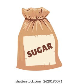 Sugar in textile bag in flat design. Sweet ingredient in brown sack. Vector illustration isolated.