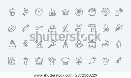 Sugar thin line icons set vector illustration. Outline pictograms of brown or refined sugar products and sweetener, pile of cubes and open sachet pack with sand or powder, candy and cake for coffee