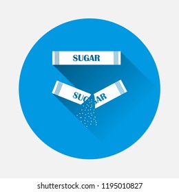  Sugar vector icon on blue background. Flat image Sachets of sugar for the coffee shop. open packaging and closed with long shadow. Layers grouped for easy editing illustration. For your design.