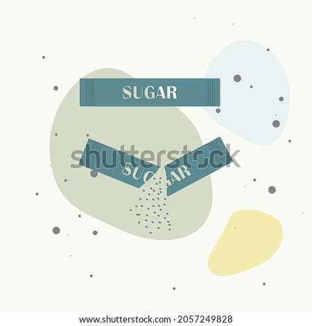 Sugar vector icon. Sachets of sugar for the coffee shop. open packaging and closed on multicolored background. Layers grouped for easy editing illustration. For your design.
