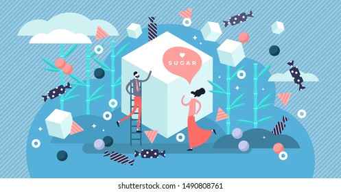 Sugar vector illustration. Flat tiny sweet taste product person concept. Delicious dessert ingredient for cakes, chocolate, snacks and candy. Unhealthy nutrition diet with calories and refined sucrose