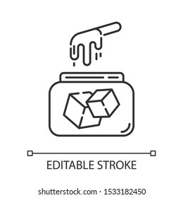 Sugar waxing linear icon. Natural soft cold wax in jar with spatula. Body hair removal equipment. Thin line illustration. Contour symbol. Vector isolated outline drawing. Editable stroke