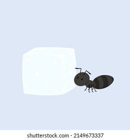 Sugar White Cube Set Vector Illustration. Sugar Cube And Black Ant Cartoon Vector.