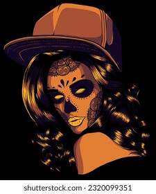 sugar woman skull with hat vector illustration on black background