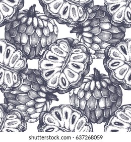 Sugar-apple background. Tropical  hand drawn illustration. Engraved botanical sketch. Exotic fruit  seamless pattern.