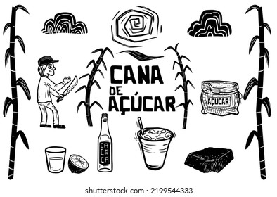 Sugarcane (cana de açúcar) related icons set.