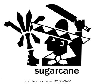 Sugarcane. The farmer chops the reeds with a machete. Plantation. Black and white drawing.