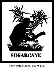 Sugarcane. The farmer chops the reeds with a machete. Plantation. Black and white drawing.