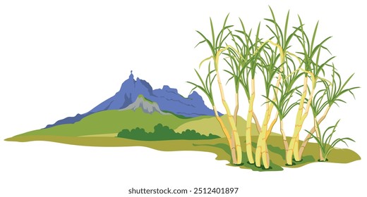 Campos de caña de azúcar con la famosa montaña Pieter Both al fondo. Paisaje de Vector de la cordillera Moka, atracción turística de la isla Mauricio. Ilustración Horizontal de Lugar famoso en estilo plano.