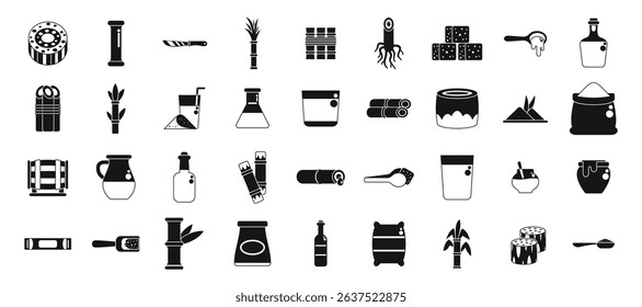  Sugarcane icons set. Icons depicting sugar cane agriculture, processing, and refined products, including raw materials, equipment, and packaging