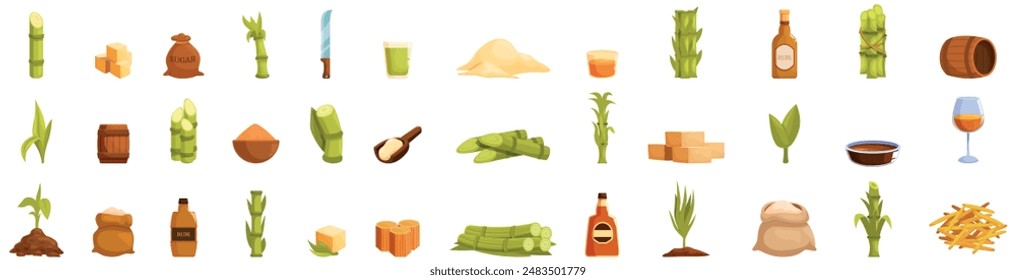 Sugarcane icons set. Sugarcane farming and production process showing plant to final product with rum and molasses