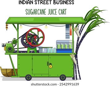 Sugarcane juice Cart Vector, Sugarcane juice machine, Sugarcane vector, small juice business, green,  juice cart Illustration