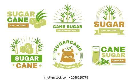 Sugarcane labels. Sugar manufacturing emblems, asian agriculture, organic farm products, advertising stickers, stems and leaves with text, healthy eco product, vector isolated set