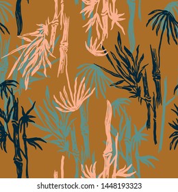 Sugarcane plants. Bamboo stalks with leaves. Botanical pastel brown seamless pattern. Vector illustration.