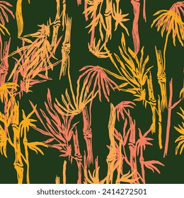 Sugarcane plants. Bamboo stalks with leaves. Beauty pastel colour  seamless pattern. Vector illustration.