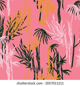 sugarcane plants with tropical thailand leaves. Abstract pastel pink seamless pattern. Vector illustration.