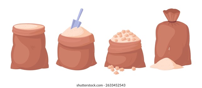 Sugarcane product bags. Granulated sugar textile sackcloth bags, agriculture sweet sugar package flat vector illustration set. Cartoon sugarcane production bags