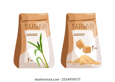 Concepto de producto de caña de azúcar. Empaque y saco con azúcar y comida dulce. Productos dulces naturales y orgánicos. Cosecha y plantación. Ilustración vectorial plana aislada sobre fondo blanco