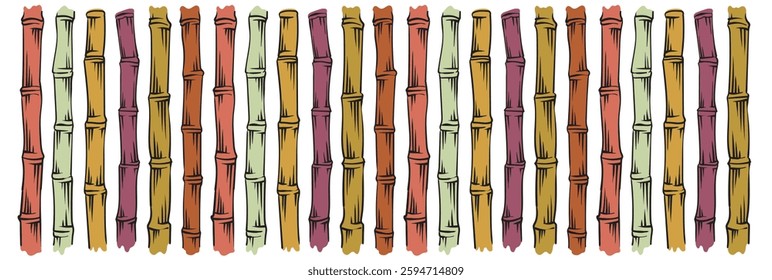 Sugarcane stems pattern. Hand drawn ink bamboo background with stem, branch. For organic eco friendly packaging. Vector illustration on white background.