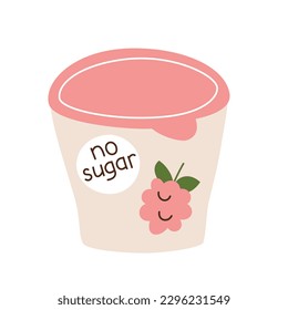 Sugar-free frozen dessert icon, vector doodle illustration of healthy unsweetened ice-cream, vegan raspberry yogurt, store-bought snack, isolated colored clipart on white background