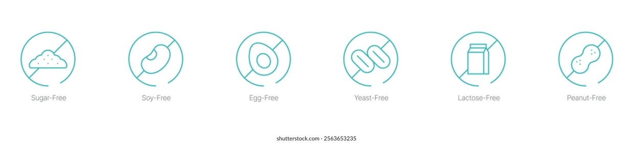 Sugar-Free, Soy-Free, Egg-Free, Yeast-Free, Lactose-Free, and Peanut-Free Vector Icon Set for Healthy and Specialty Food Labeling