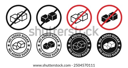 Sugar-free vector icon set in black and red colors. No added sugar vector symbol. Zero sugar sign featuring sugar cube illustration.