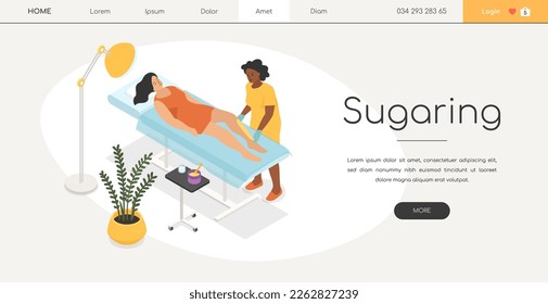 Sugaring - modern vector colorful isometric web banner with copy space for text. High quality composition with a woman getting hair removal procedure. Depilation studio interior, beauty idea