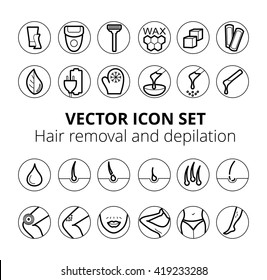 Sugaring, waxing, photoepilation, hair removing. Thin lines icon set. Sugaring, waxing, Hair removing. Allergy, skin irritation, pain icons. Depilation and epilation icon set