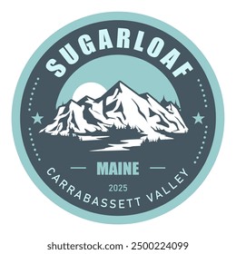 Sugarloaf, Maine, Longfellow Mountains ski resort stamp, emblem with snow covered mountains, vector