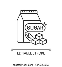 Sugars linear icon. Crystal cubes. Refined powder in packaging. Supermarket product. Thin line customizable illustration. Contour symbol. Vector isolated outline drawing. Editable stroke