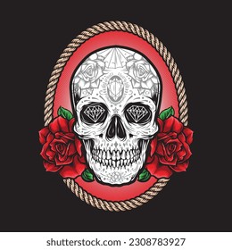 sugarskull with red roses vector illustration