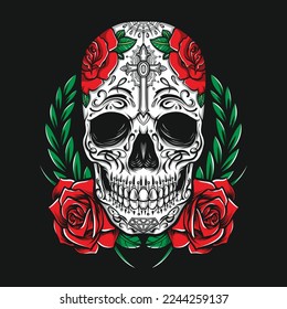 sugarskull with roses and floral ornament