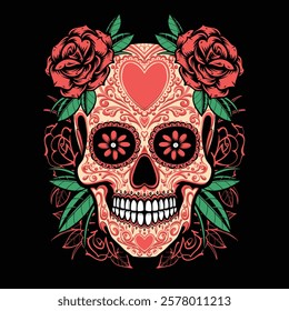 sugarskull with roses and heart tattoo