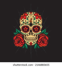 sugarskull with roses vector logo