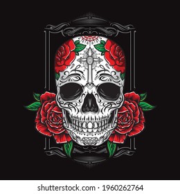 sugarskull with roses vector ornament