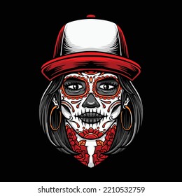 sugarskull women with red hat vector